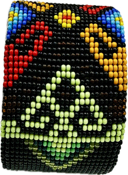 Handmade beaded Black Green Hard leather Cuff Bracelet