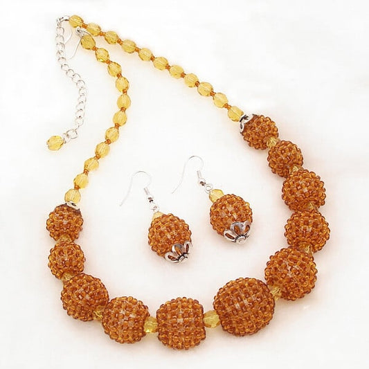 Handmade Beaded Ball Topaz Color Statement Necklace Earrings Set