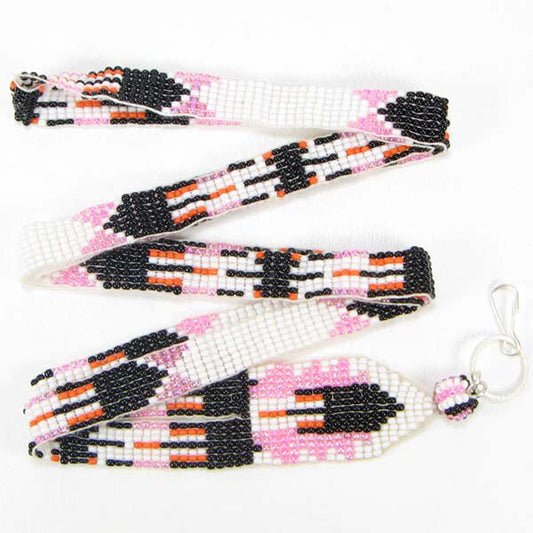 Pink White Black Beaded Feather Beadwork Lanyard Id Holder Handmade