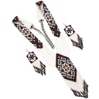 New Handmade White Brown Long Necklace Earring Set