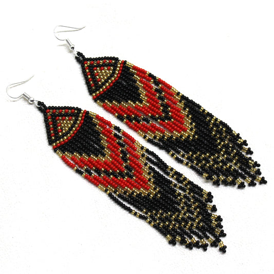 Handmade Beaded Red Black Long Dangle Fashion Earrings | Geometric Design Pattern