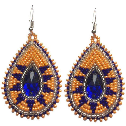 Handmade Teardrop Small Czech Seed Bead Earrings - 2.5 inch long - Peach Blue