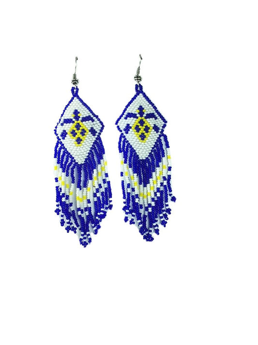 Blue White Yellow Seed Beaded Turtle Earrings