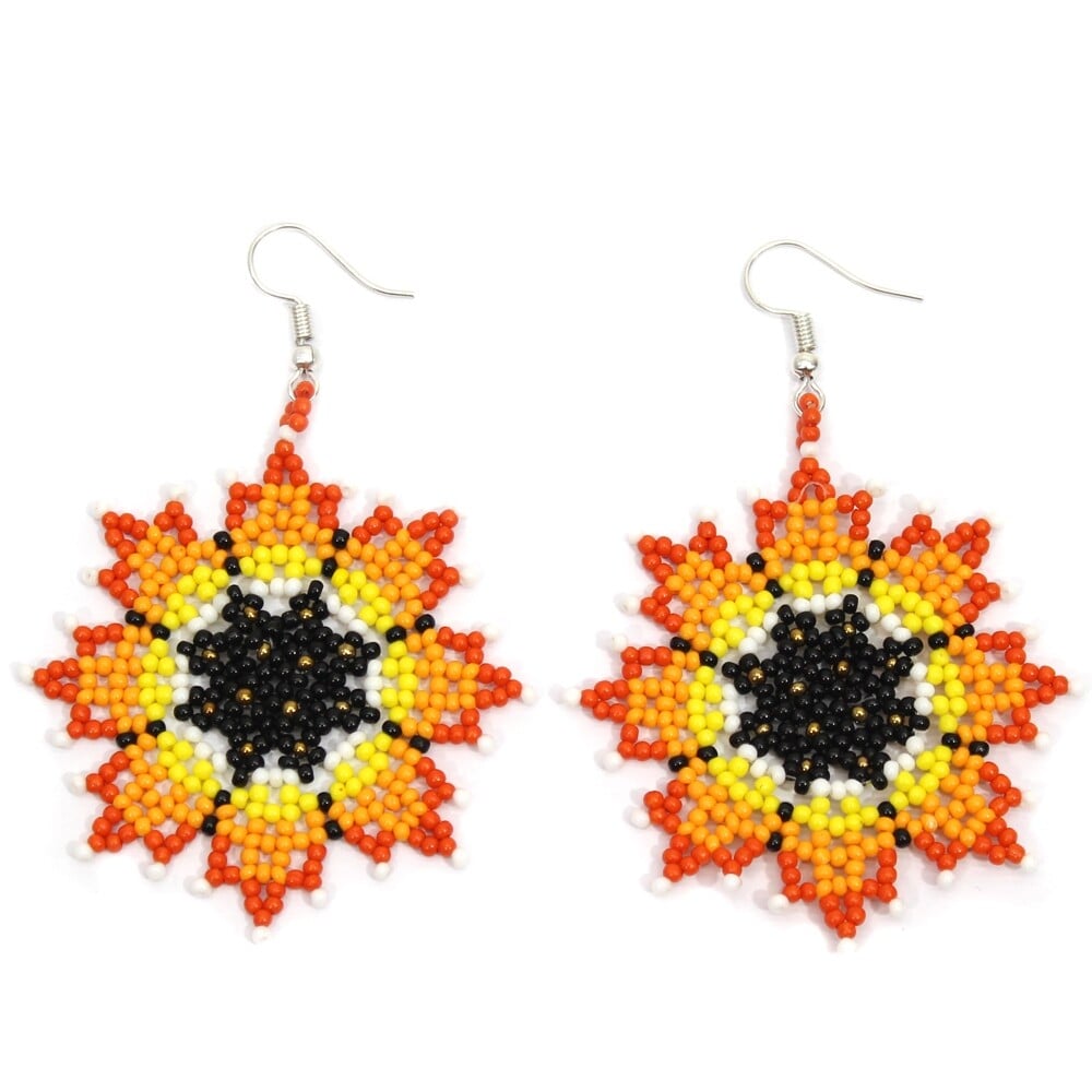 Handmade Beaded Native Style Orange Yellow Bohemian Flower Hook Earrings