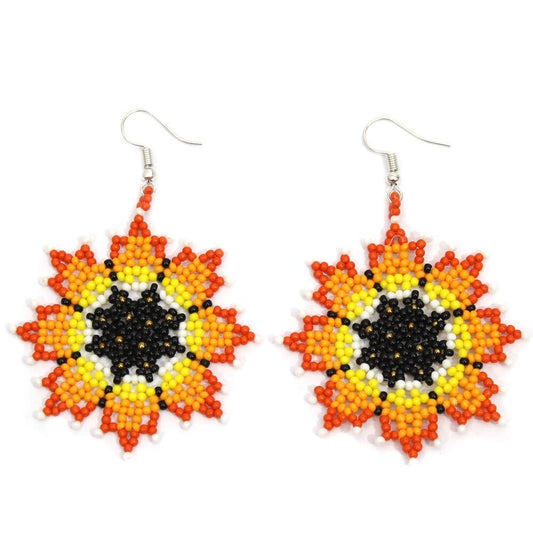 Handmade Beaded Native Style Orange Yellow Bohemian Flower Hook Earrings