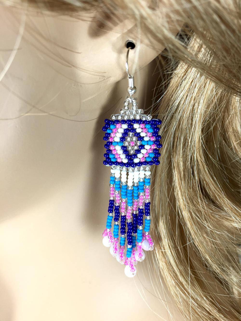 Handmade Beaded Seed Bead Earrings Pink Blue