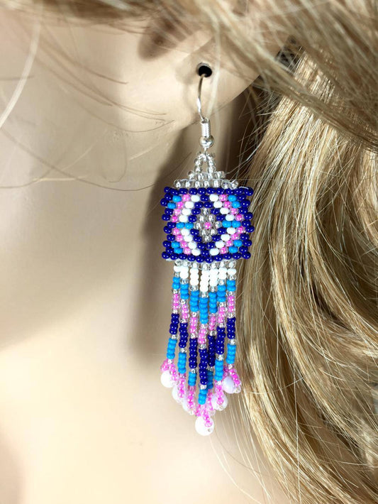 Handmade Beaded Seed Bead Earrings Pink Blue