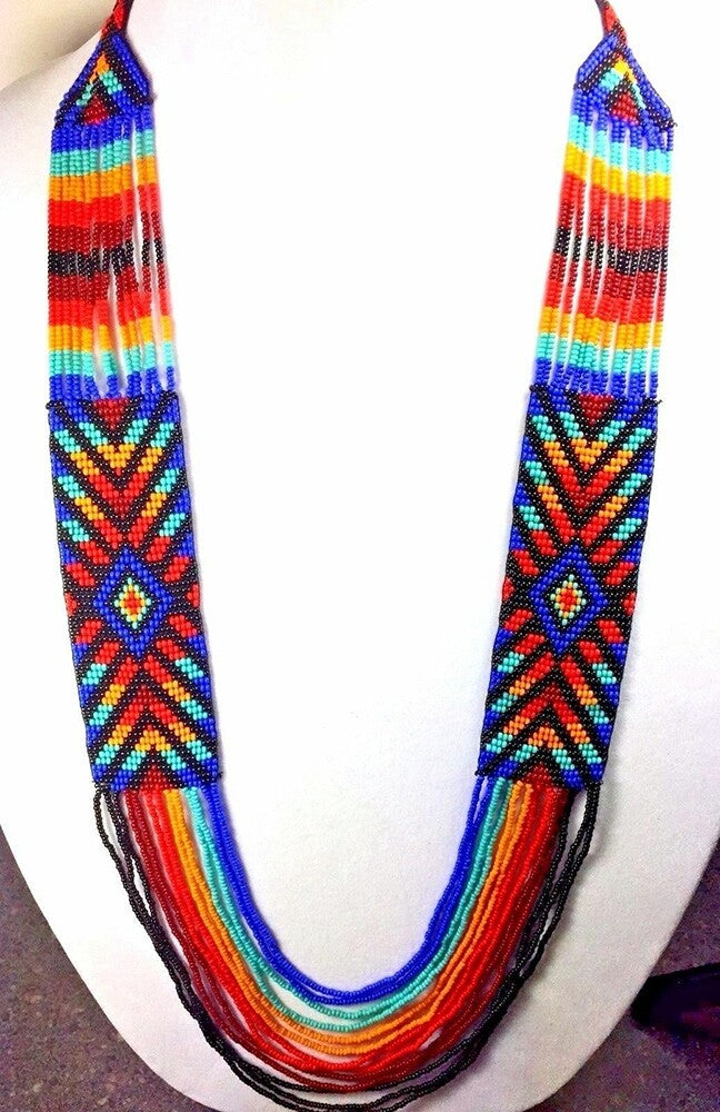 Ethnic Handmade Geometric Pattern Black Multi-Colored Long Layered Necklace Earring Set