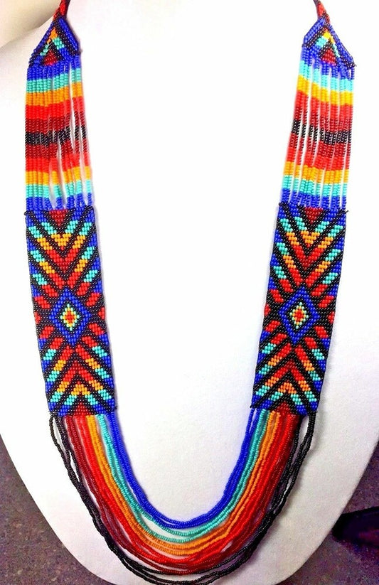 Ethnic Handmade Geometric Pattern Black Multi-Colored Long Layered Necklace Earring Set