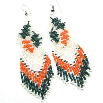 Green Silver Orange Seed Beads Beaded 3 Leaf Earrings