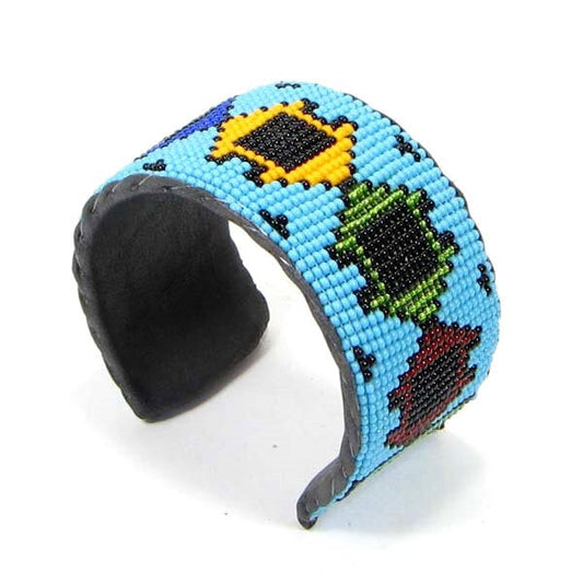 Handmade Beaded Multicolored Geometric Pattern Leather Cuff Bracelet - Adjustable Unisex Bracelet