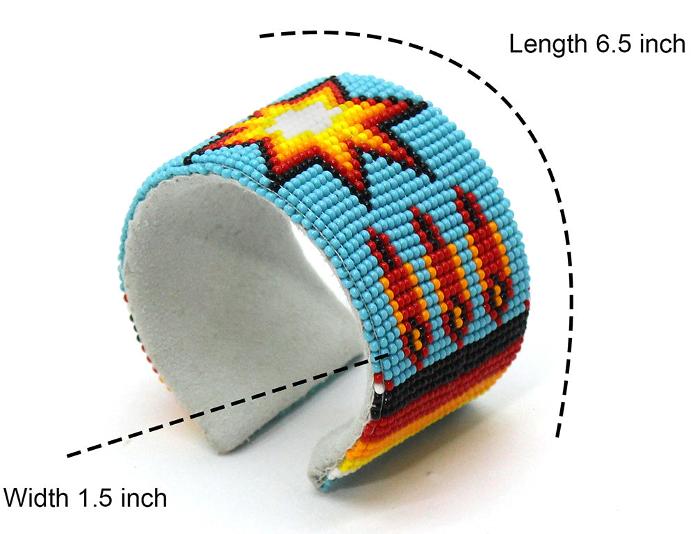 Handmade Beaded Cuff Bracelet with Cyan Blue and Yellow Star Pattern - Adjustable Length 6.5 inches