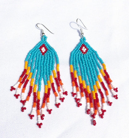 Turquoise Blue Orange Handmade Beaded Chandelier Earrings