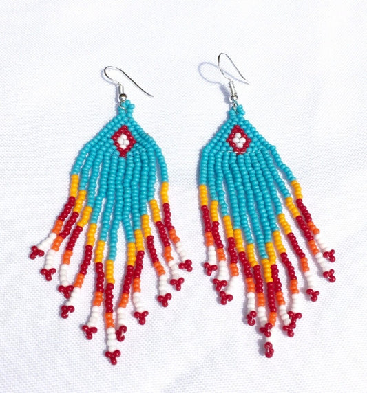 Turquoise Blue Orange Handmade Beaded Chandelier Earrings