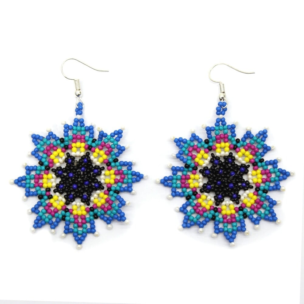 Handmade Beaded Deep Blue Artisan Bohemian Flower Hook Earrings