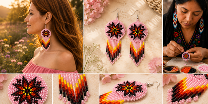 Handmade Beaded Pink Fire Color Round Fringe Hook Earrings