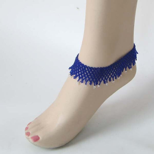 Blue Seed Beads Beaded Stretchable Anklet