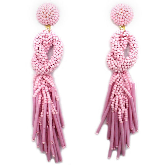 Handmade Beaded Solid Color Post Statement Earrings for Women Girl All Season - 4 inch Long Dangle with Celtic Knot Design - Czech Seed Beads - Pink