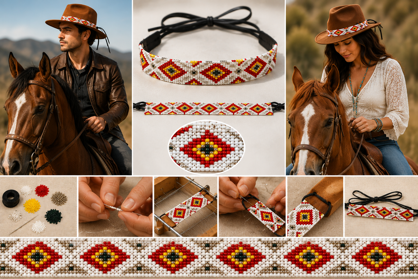 White Red Gold Artisan Seed Bead Hat Band for Cowboy & Ranch Style