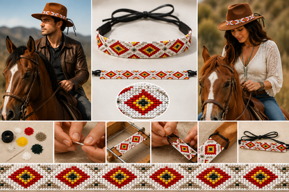 White Red Gold Artisan Seed Bead Hat Band for Cowboy & Ranch Style