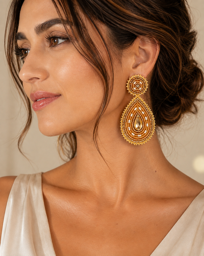 Handmade Beaded Teardrop Shape Post Earrings - 3 Inches Long, 1.5 Inch Wide - Gold