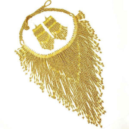 Handmade Beaded Matte Gold Color Bugle Seed Bead Bib Necklace