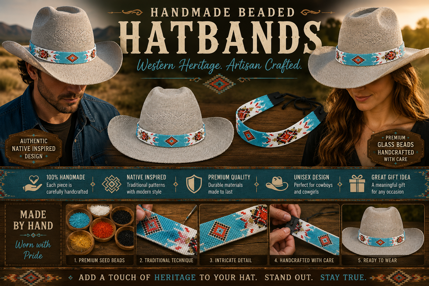 Handmade Beaded Cyan Blue Turtle Cowboy Hat Band Waist Belt - Trendy Hat Accessory
