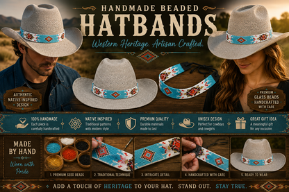 Handmade Beaded Cyan Blue Turtle Cowboy Hat Band Waist Belt - Trendy Hat Accessory