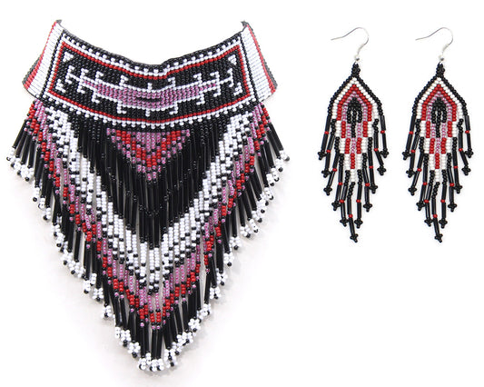 Black Pink Seed Beaded Bib Necklace Earrings Set