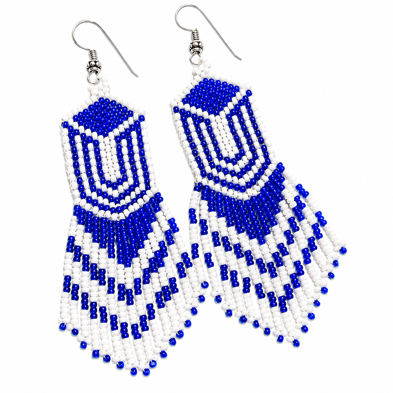 Bohemian Blue & White Fringe Earrings – Lightweight Handmade Czech Bead Earrings