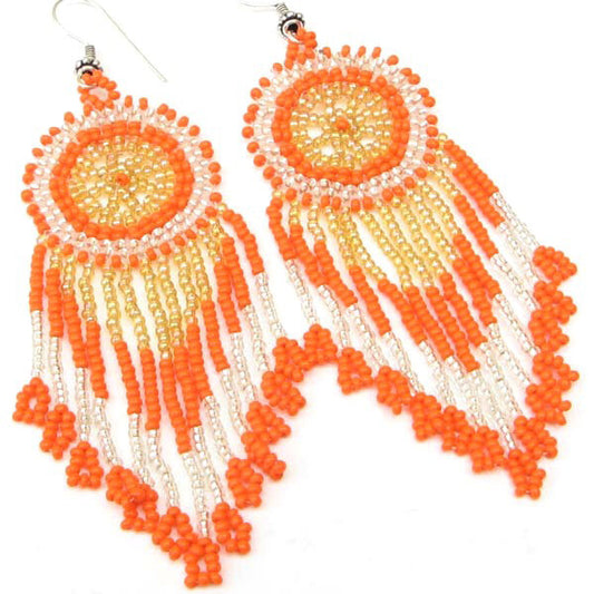 Handmade Beaded Orange Seed Bead Medallion Big Earrings