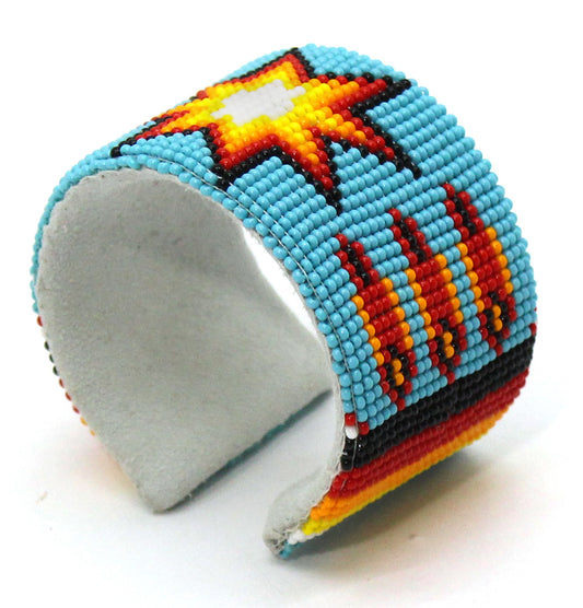 Handmade Beaded Cuff Bracelet with Cyan Blue and Yellow Star Pattern - Adjustable Length 6.5 inches