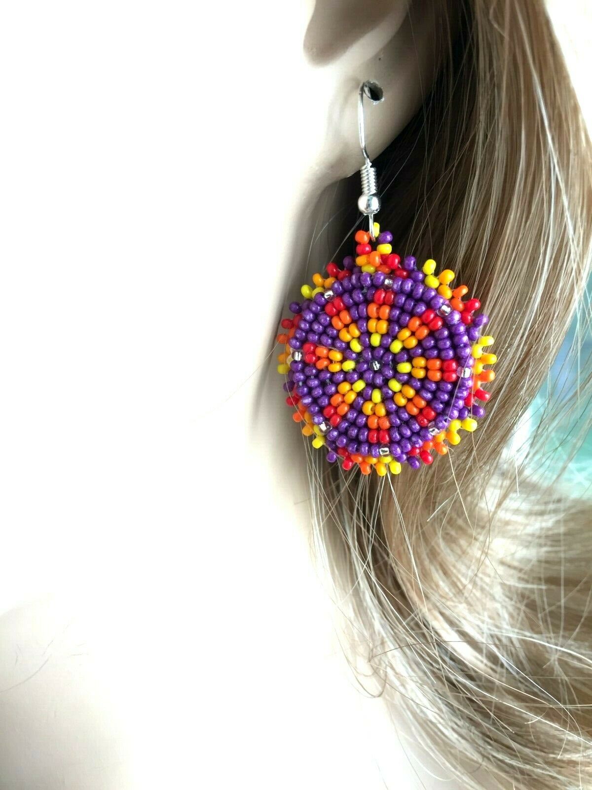 Handmade beaded native style Purple round dangle hook earrings