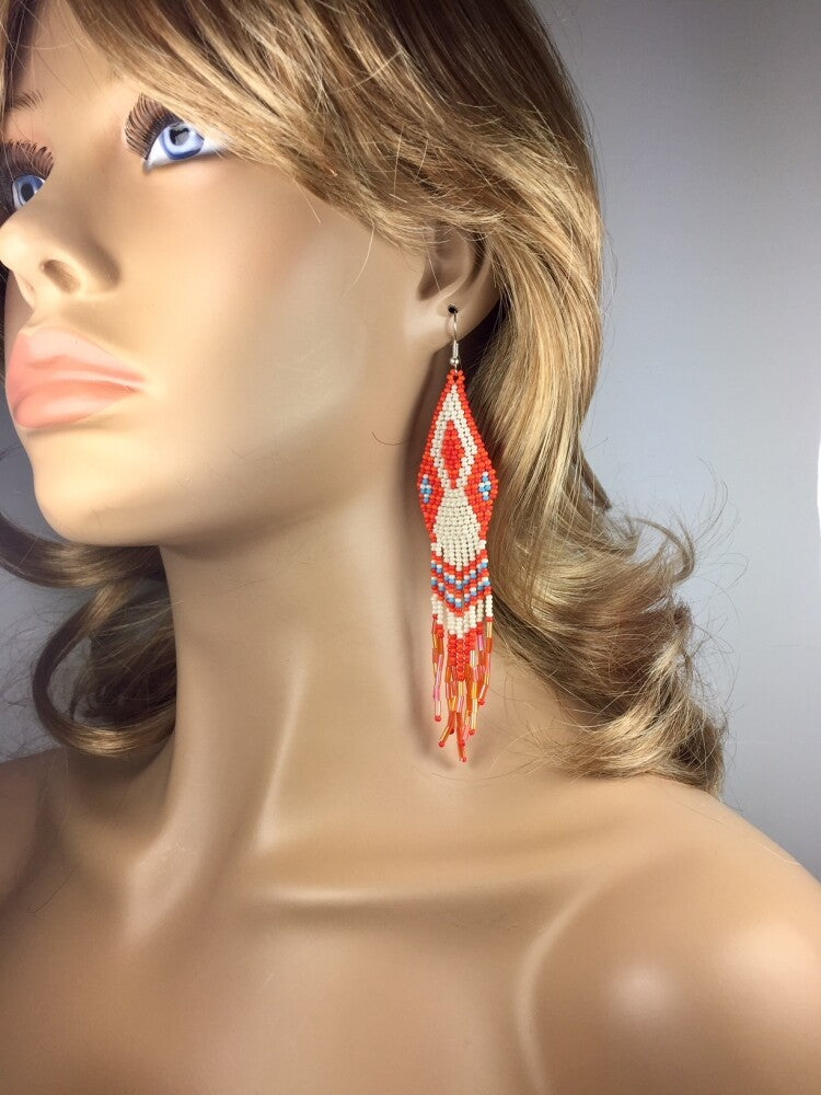 Handmade Beaded Orange/Peach Seed Bead Earrings with Fringes - Czech Beads