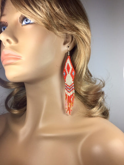 Handmade Beaded Orange/Peach Seed Bead Earrings with Fringes - Czech Beads