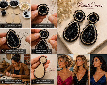 Handmade Beaded Teardrop Shape Post Earrings with Czech Seed Beads - 3 Inches Long, 1.5 Inch Wide - Black