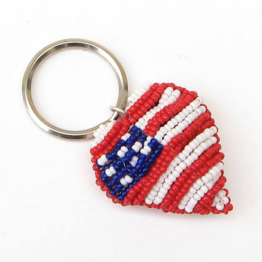 Red Blue White Seed Beaded Flag Heart Beadwork Keyring Charms