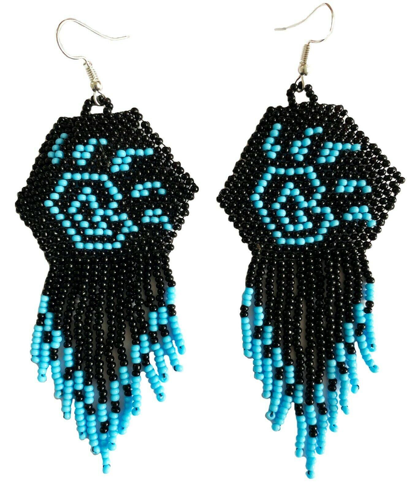 Native Style Bear Paw Ethnic Blue Black Beaded Handmade Chandelier Earrings