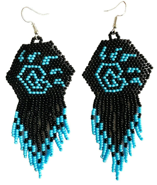 Native Style Bear Paw Ethnic Blue Black Beaded Handmade Chandelier Earrings
