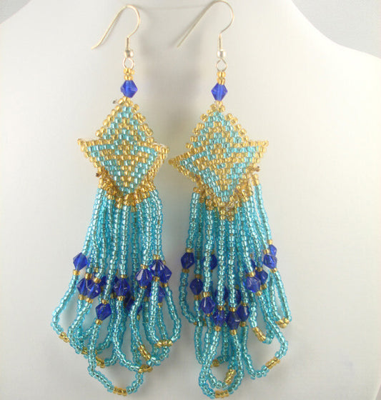 Indian Seed Beads Blue Topaz Tone Earrings 3.5 Inch