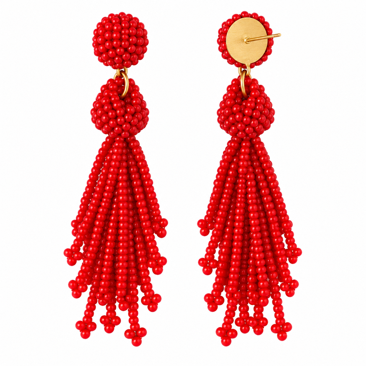 Red Statement Seed Bead Tassel Earrings – Handmade Long Fringe Dangle Earrings