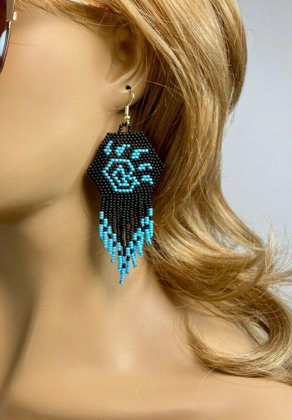 Native Style Bear Paw Ethnic Blue Black Beaded Handmade Chandelier Earrings