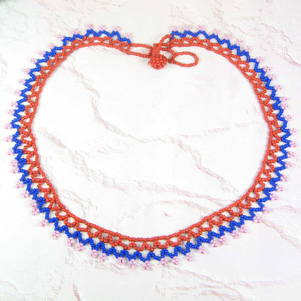 Red Blue Seed Beaded Collar Choker Necklace Handmade Jewelry
