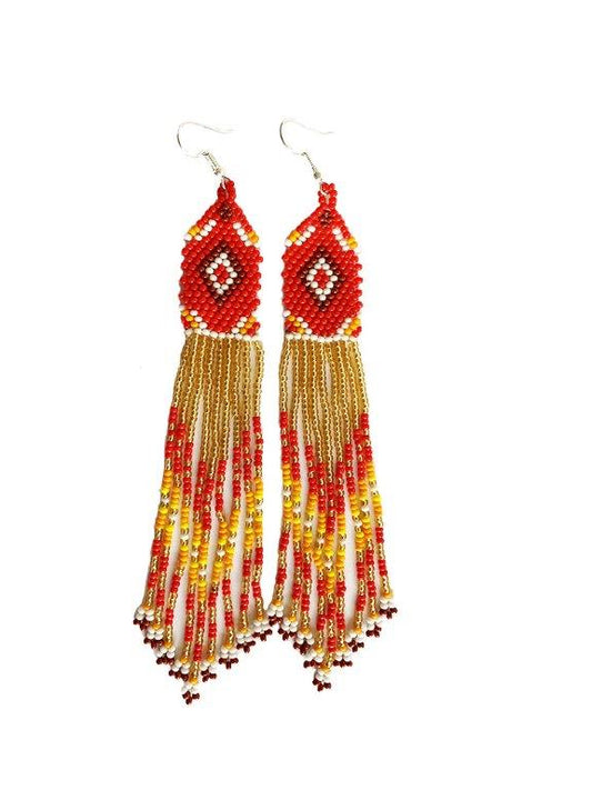 Handmade Beaded Red White Long Chandelier Earrings