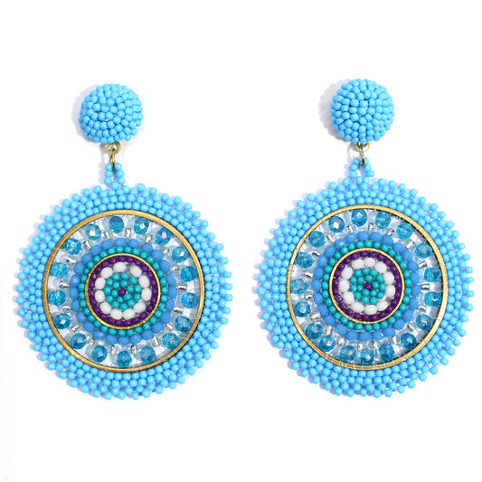 Handmade Beaded Bright Neon Colorful Post Round Earrings for Women Girl All Season - Cyan Blue