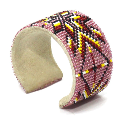 Handmade beaded Pink Red Flower cuff bracelet