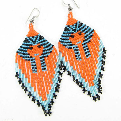 Orange Turquoise Black Seed Beaded Tutankhamun Earrings.