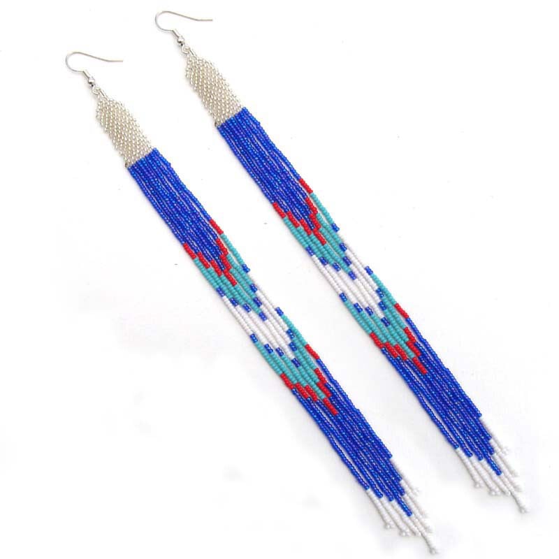 Handmade Blue Silver Glass Seed Beads Beaded Extra Long Earrings