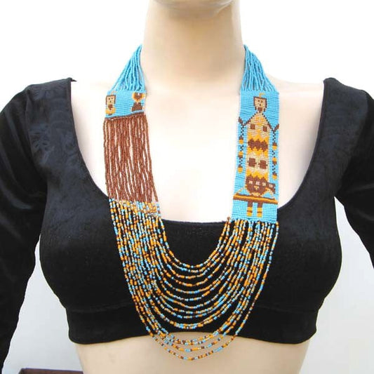 Blue Brown Seed Beaded Layered Necklace Yei Dancer Beadwork