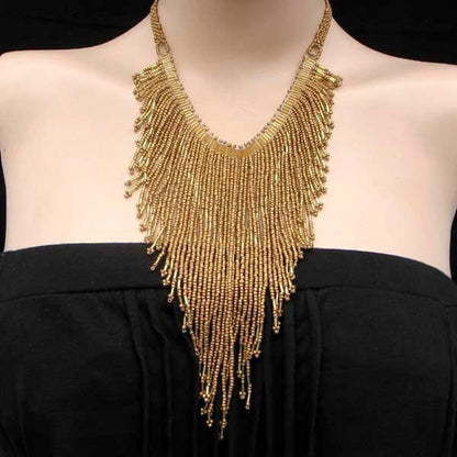 Handmade Beaded Matte Gold Color Bugle Seed Bead Bib Necklace